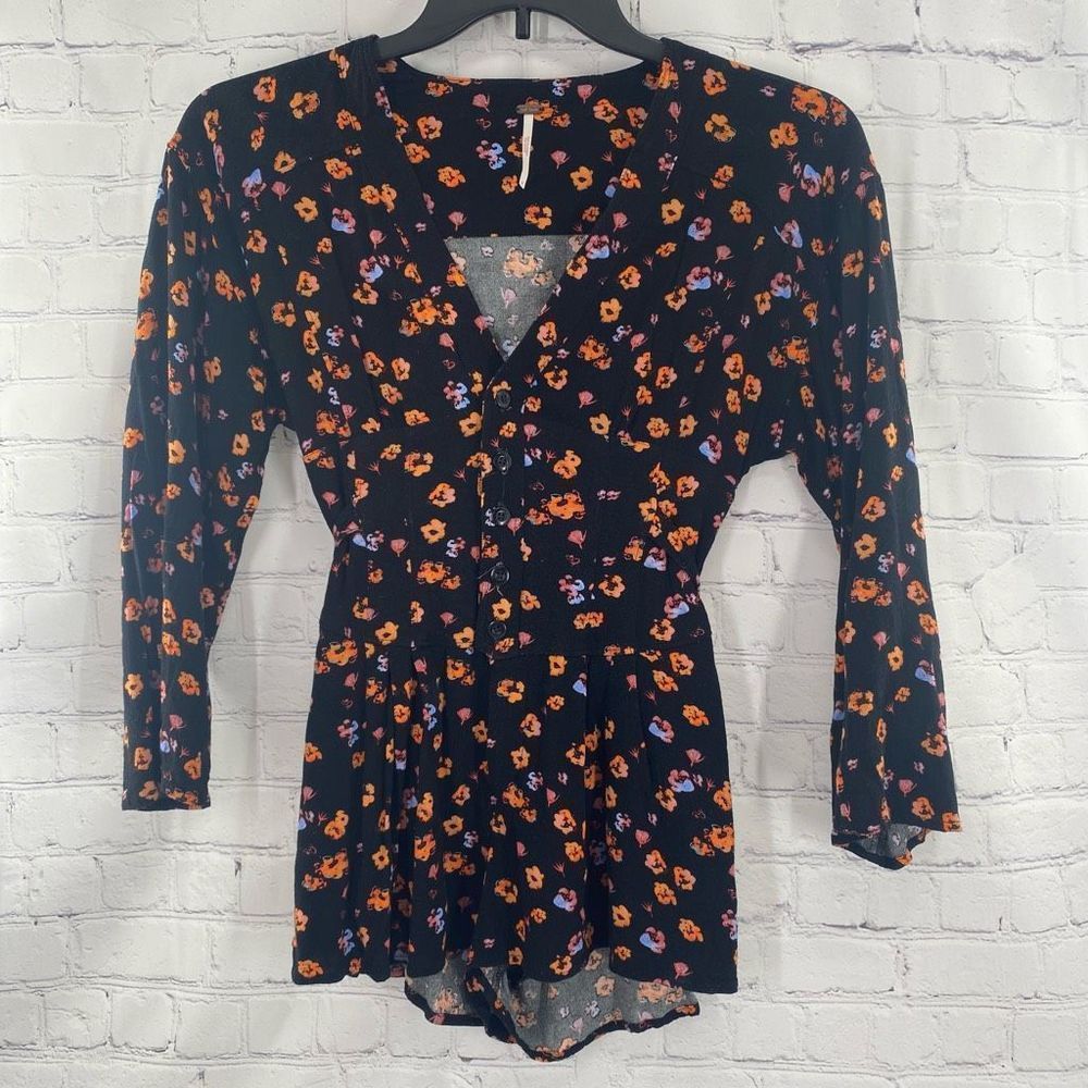 Free People L’Amour Printed Romper Black Long Sleeve Size 0 - Picture 2 of 9